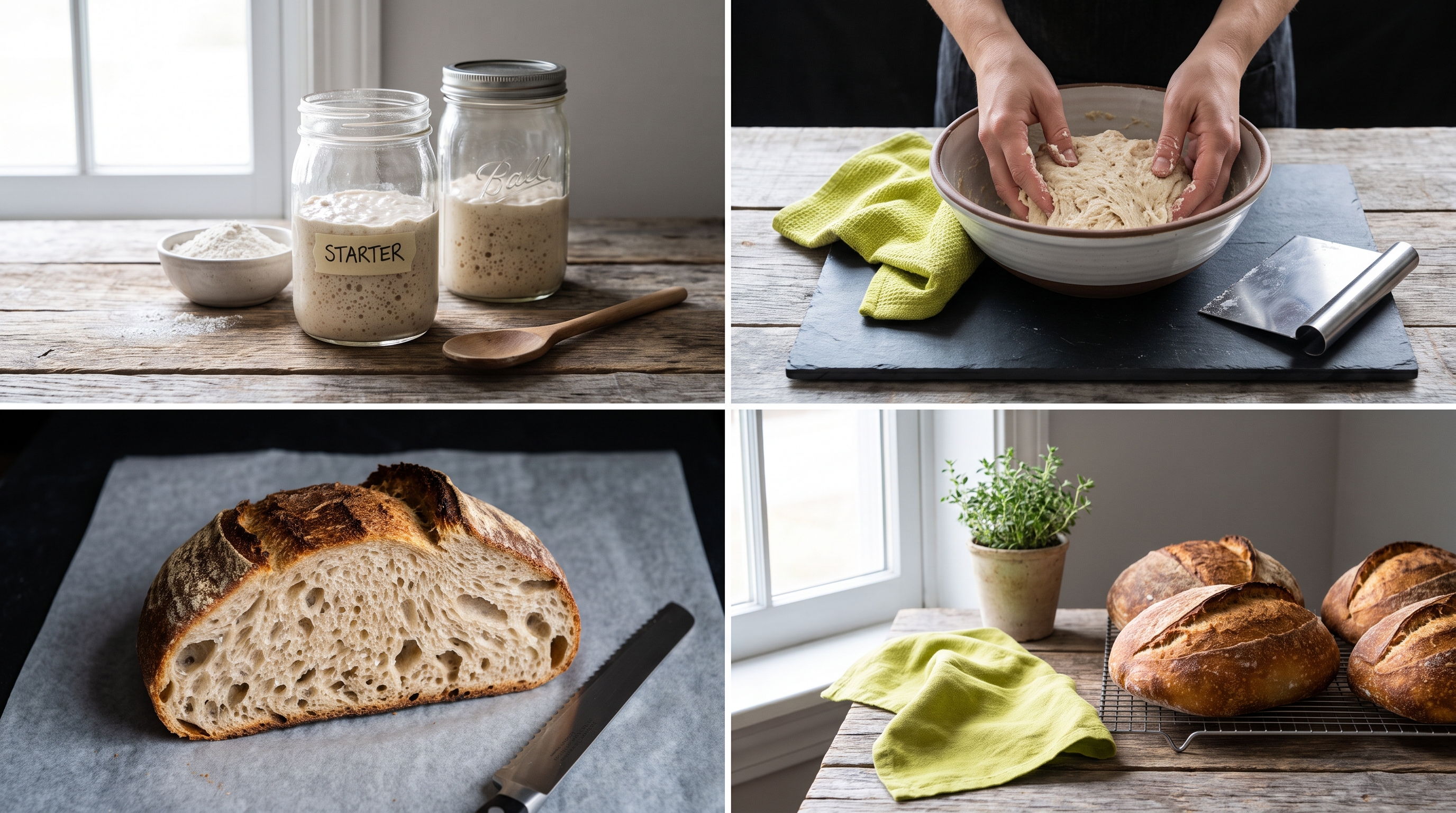 A jar of bubbly, well-fed sourdough starter next to a bag of flour and a measuring jug of water