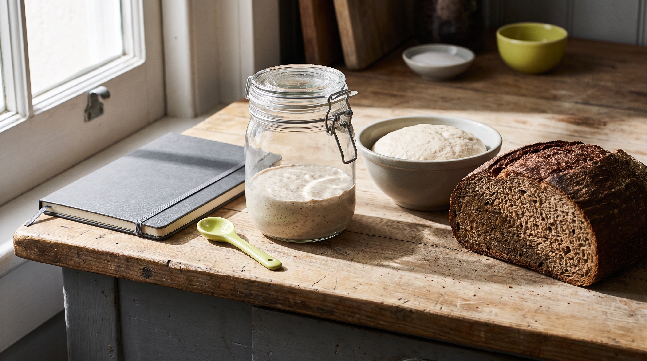 A jar of sourdough starter with a rubber band marking a stalled rise line, next to a kitchen thermometer