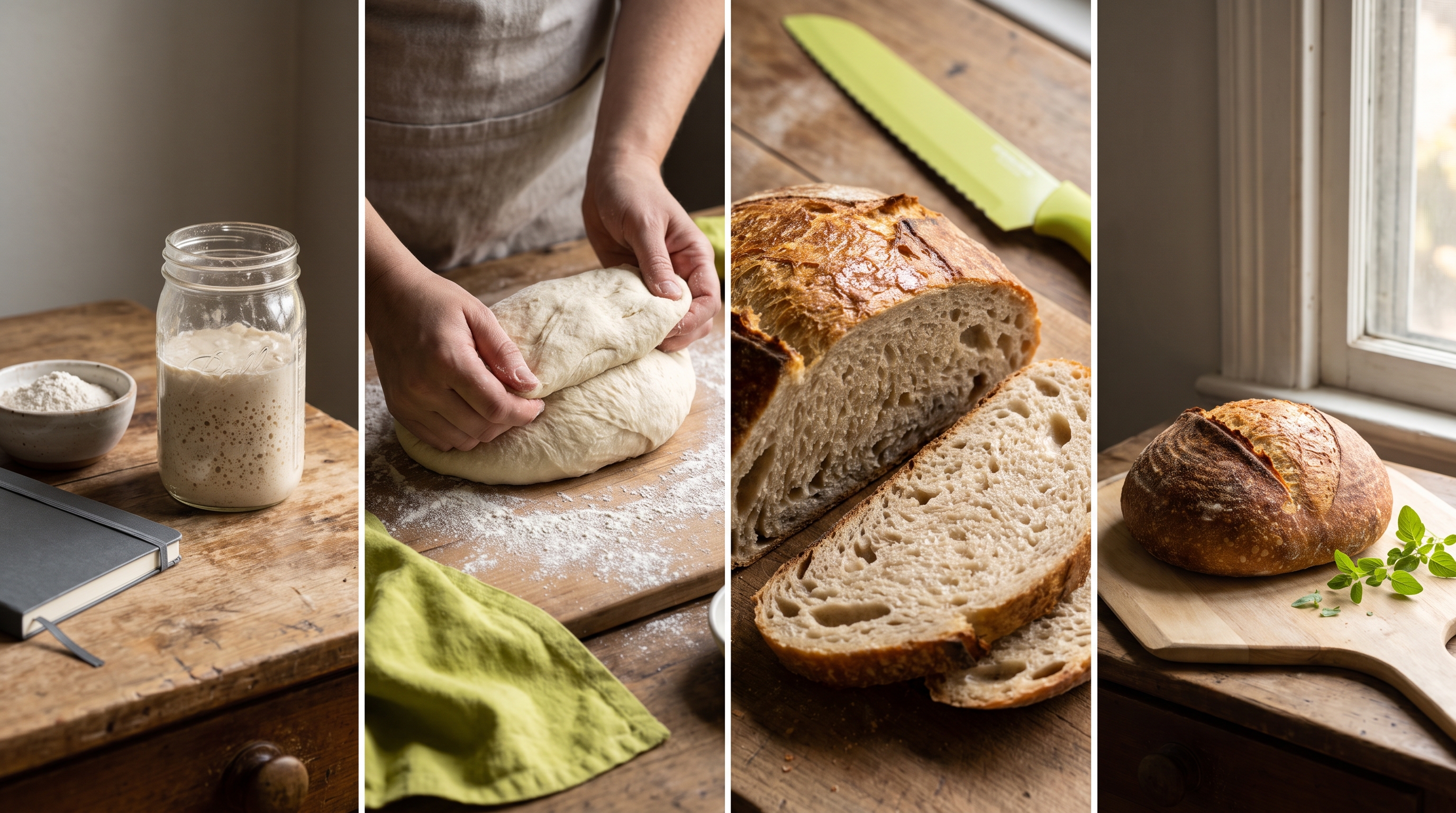 Sliced sourdough loaf showing a dense, gummy crumb next to an open airy crumb